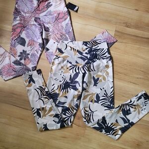 High-Rise Tropical Leaf Print Leggings - White/Gold/Black